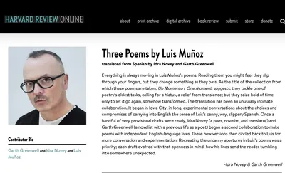 Página de Harvard Review con tres poemas de Luis Muñoz